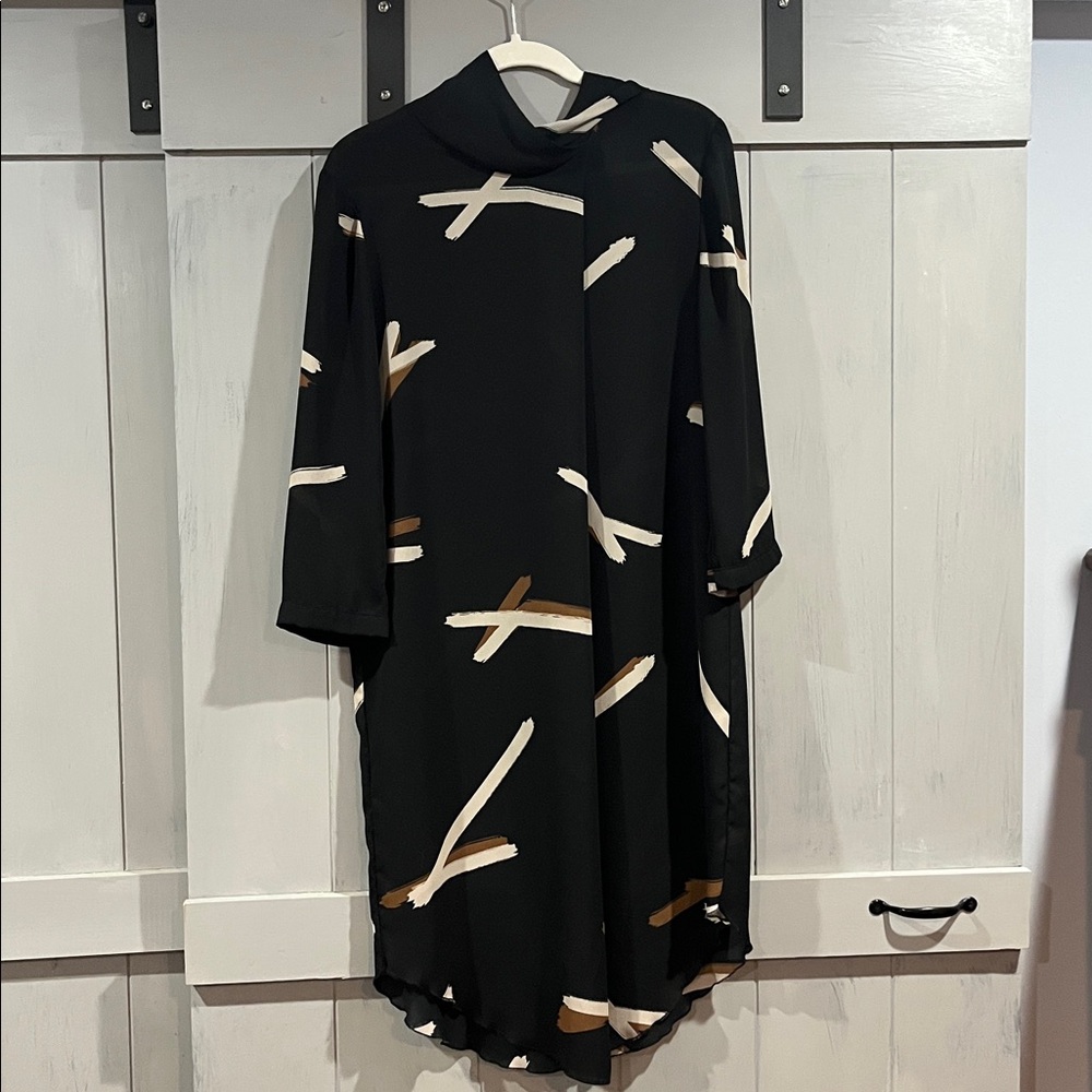 Eve Gravel Tunic Style Mid Length Dress High Collar Black/Brown Abstract Print